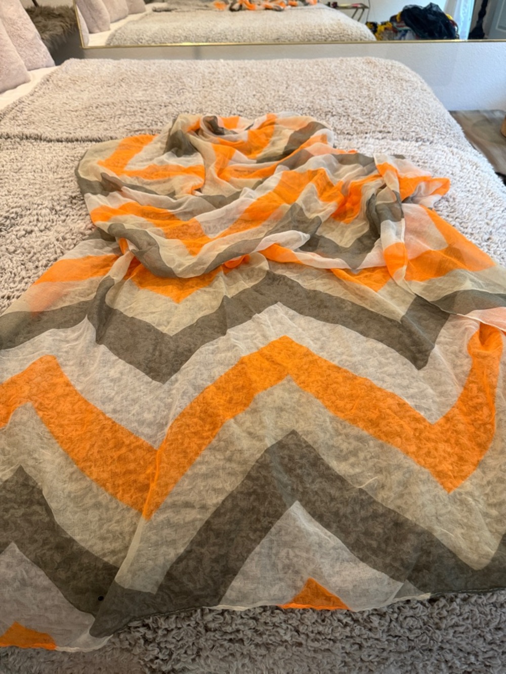 Chevron Pattern Lightweight Scarf in Orange, Gray, Cream